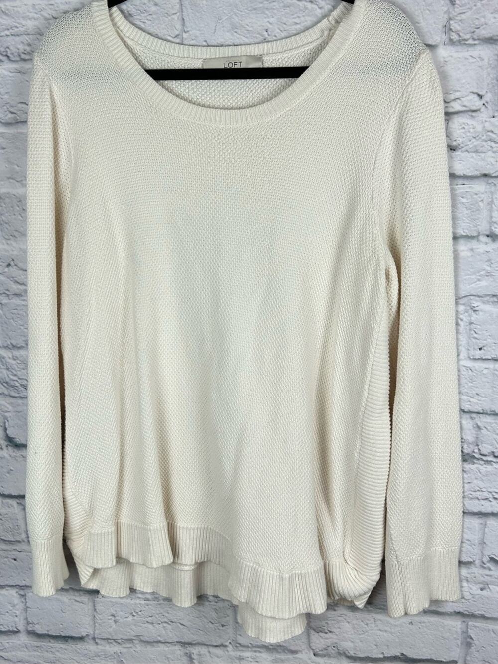 LOFT XL Cream Cotton Sweater Ruffle Hem Long Sleeve Textured Knit Pullover